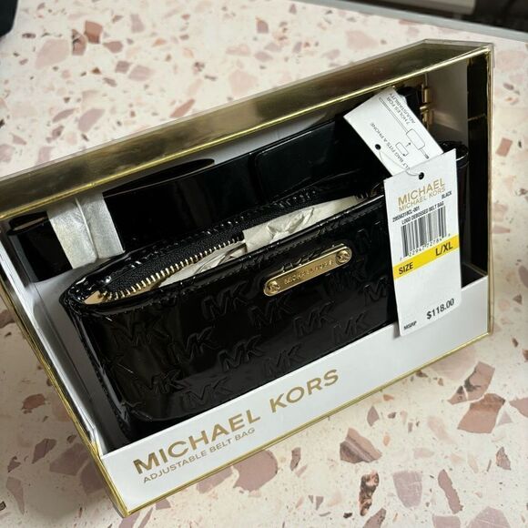 Michael Kors MK Logo Debossed Adjustable Belt Bag Patent Leather Black L/XL - Picture 3 of 13